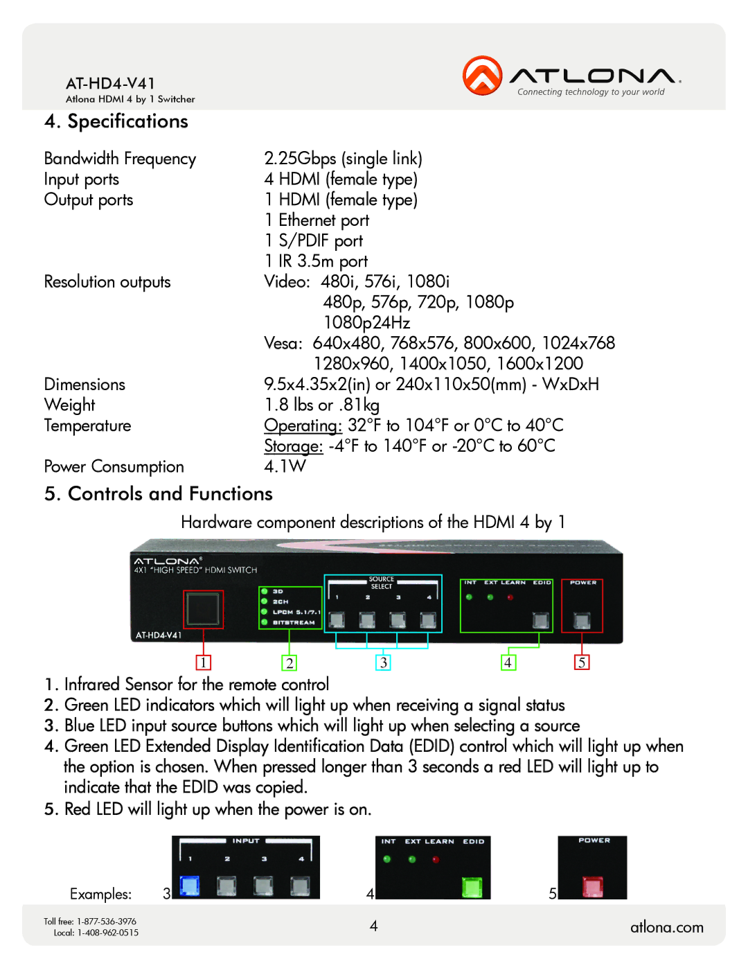 Atlona AT-HD4-V41 user manual Specifications, Controls and Functions 