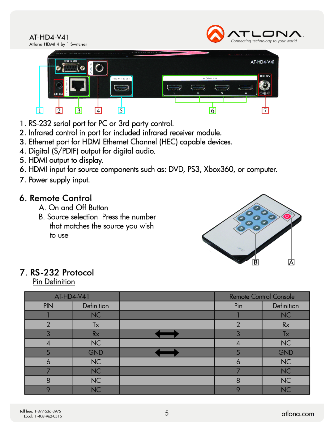 Atlona AT-HD4-V41 user manual Remote Control, RS-232 Protocol 