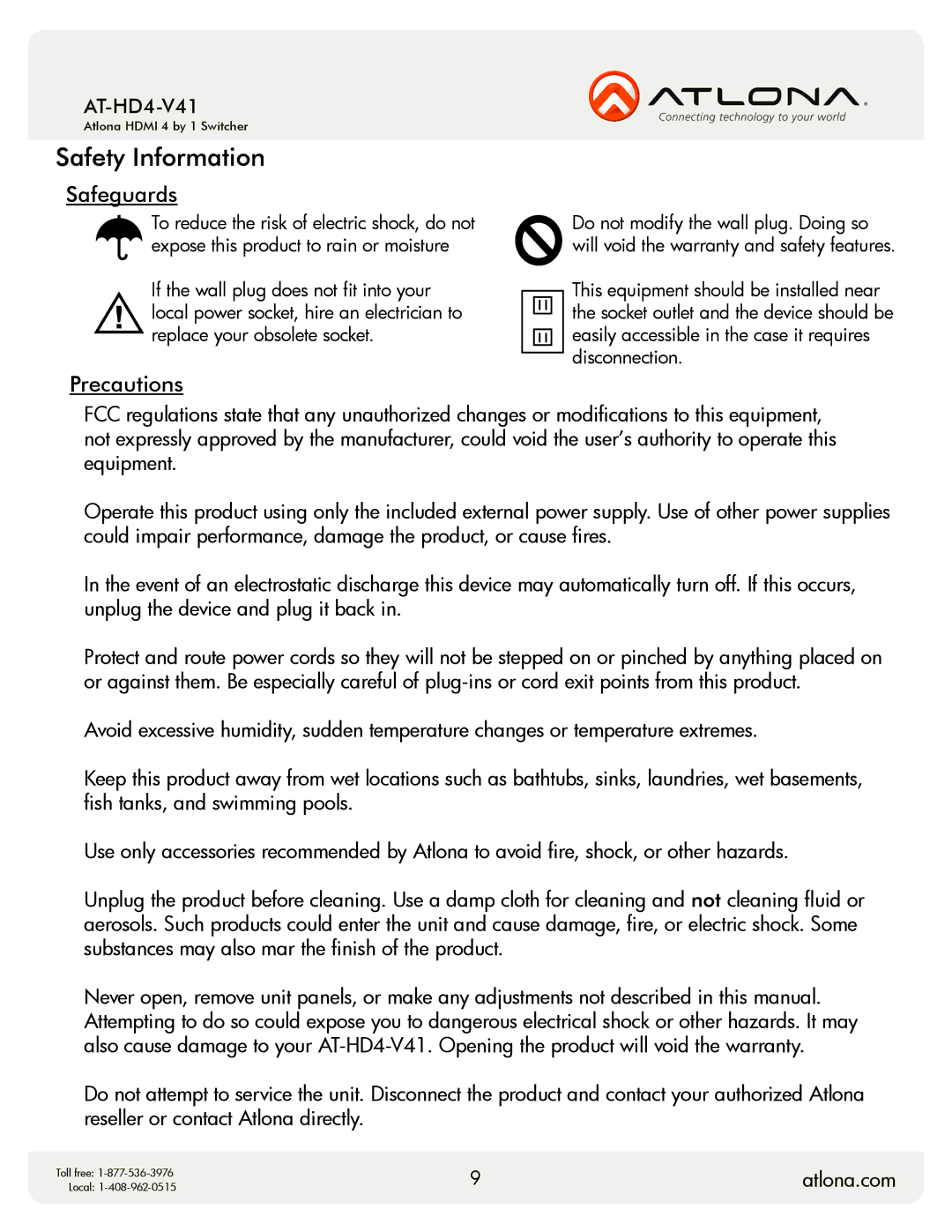 Atlona AT-HD4-V41 user manual Safety Information, Safeguards 