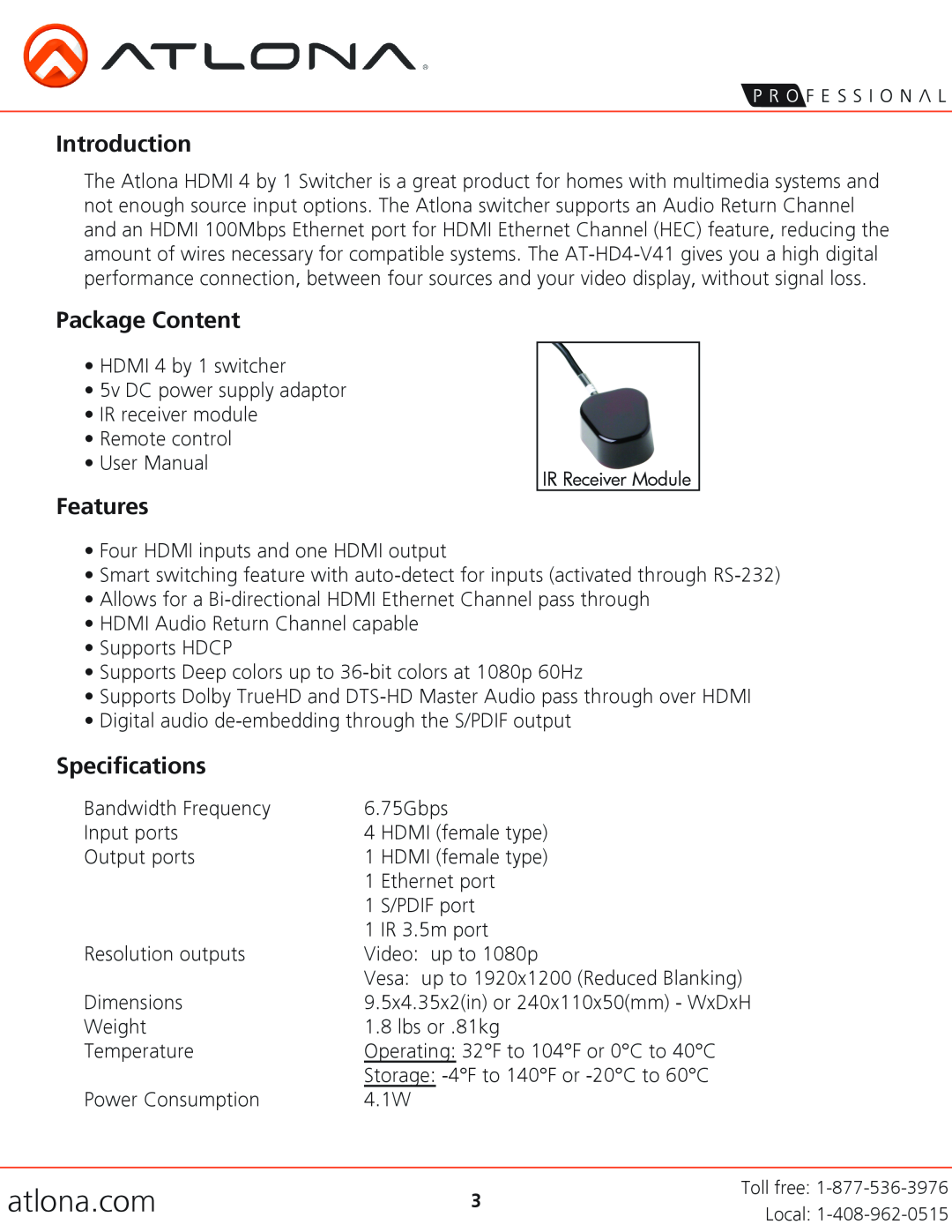 Atlona AT-HD4-V41 user manual Introduction, Package Content, Features, Specifications, atlona.com 