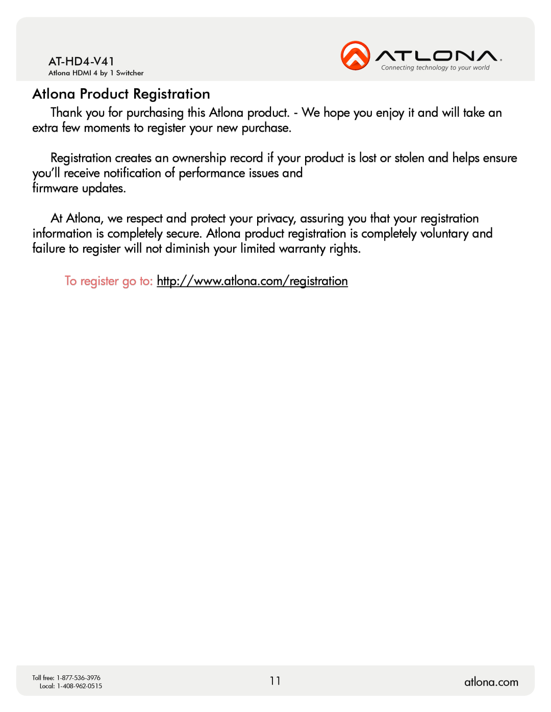 Atlona AT-HD4-V41 user manual Atlona Product Registration 