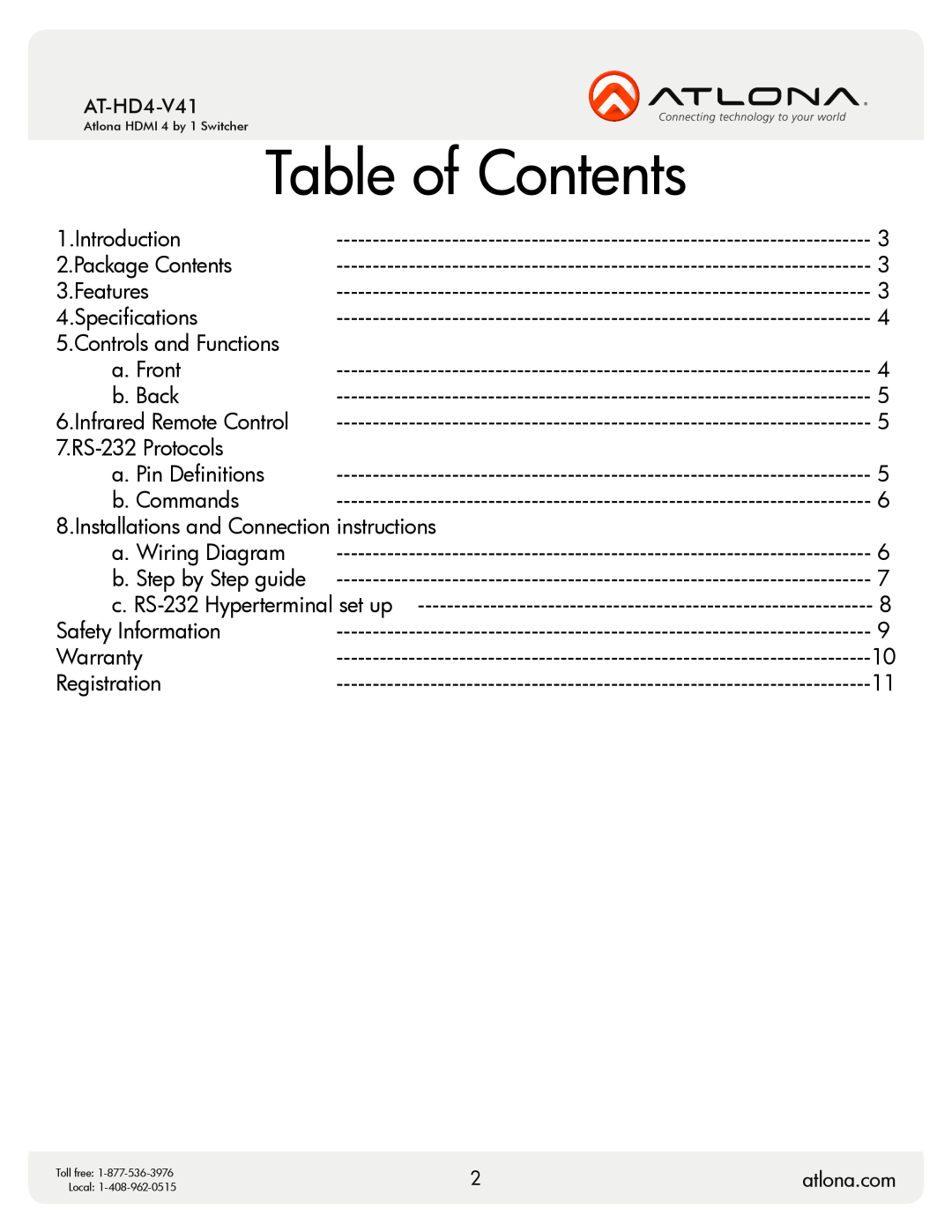 Atlona AT-HD4-V41 user manual Table of Contents 