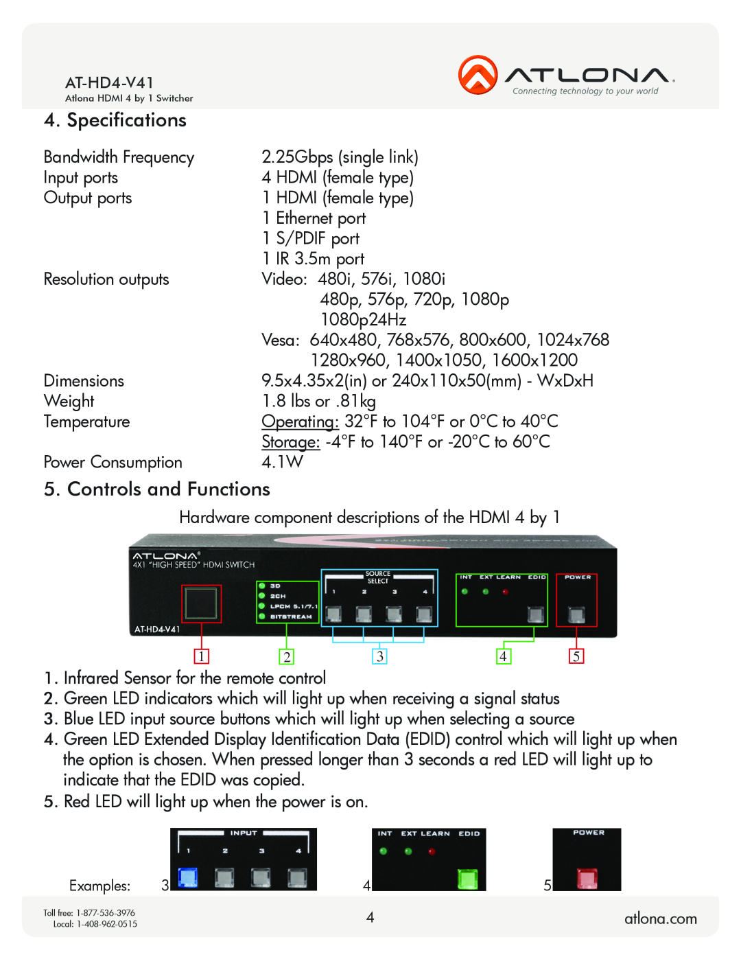 Atlona AT-HD4-V41 user manual Specifications, Controls and Functions, Vesa 640x480, 768x576, 800x600 