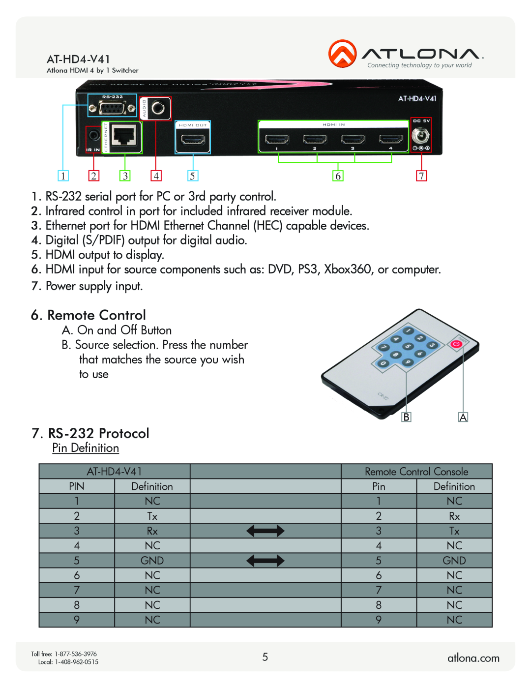 Atlona AT-HD4-V41 user manual Remote Control, RS-232 Protocol 