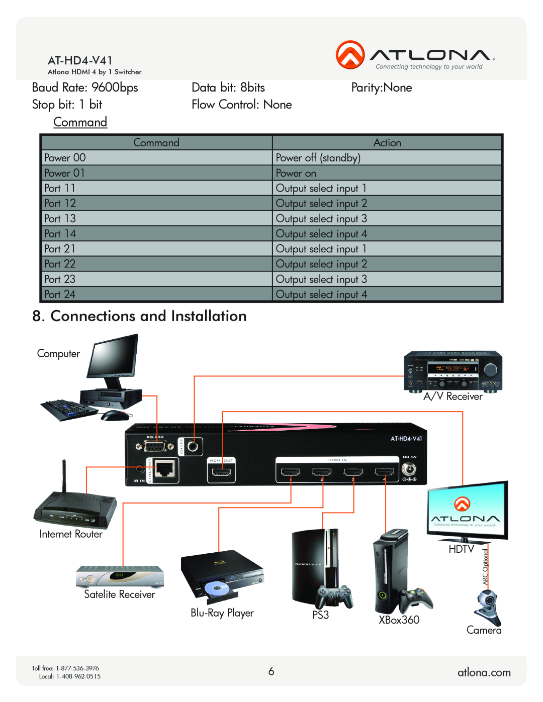 Atlona AT-HD4-V41 user manual Connections and Installation, atlona.com, Satelite Receiver, XBox360 