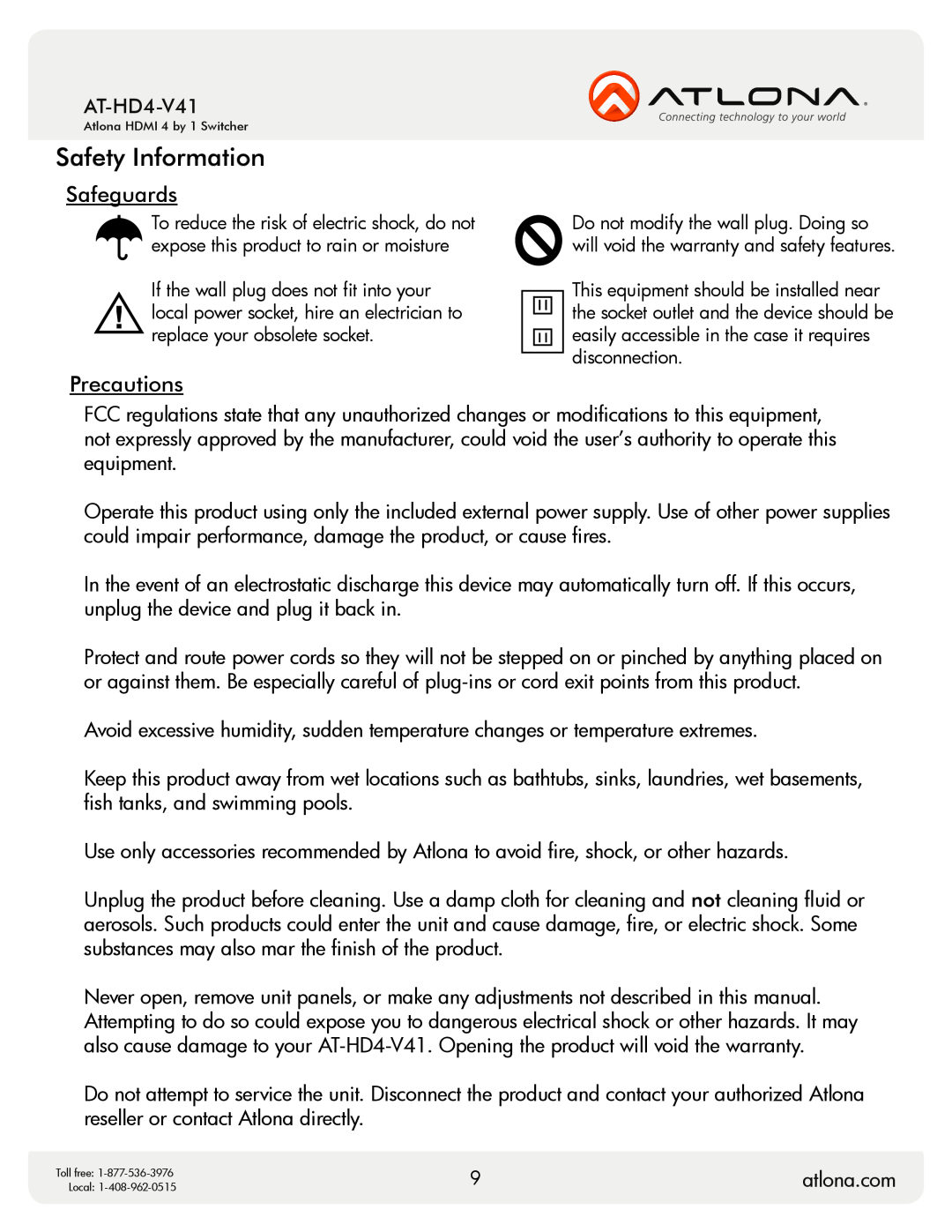 Atlona AT-HD4-V41 user manual Safety Information, Safeguards, Precautions, atlona.com 