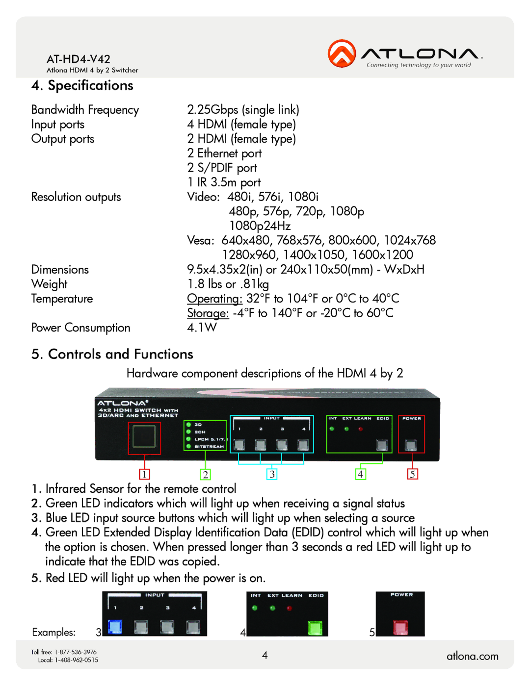 Atlona AT-HD4-V42 user manual Specifications, Controls and Functions 