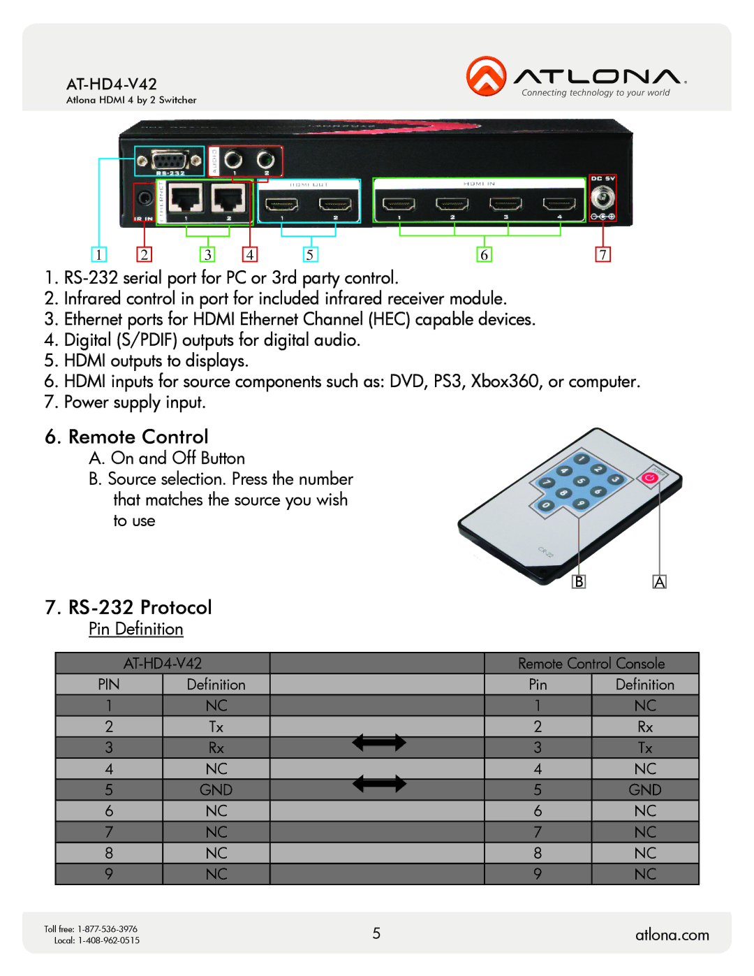 Atlona AT-HD4-V42 user manual Remote Control, RS-232 Protocol 