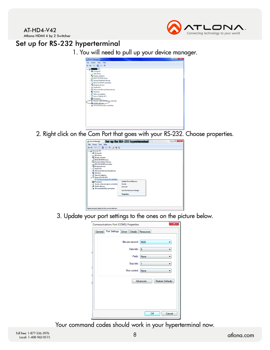 Atlona AT-HD4-V42 user manual Set up for RS-232 hyperterminal 