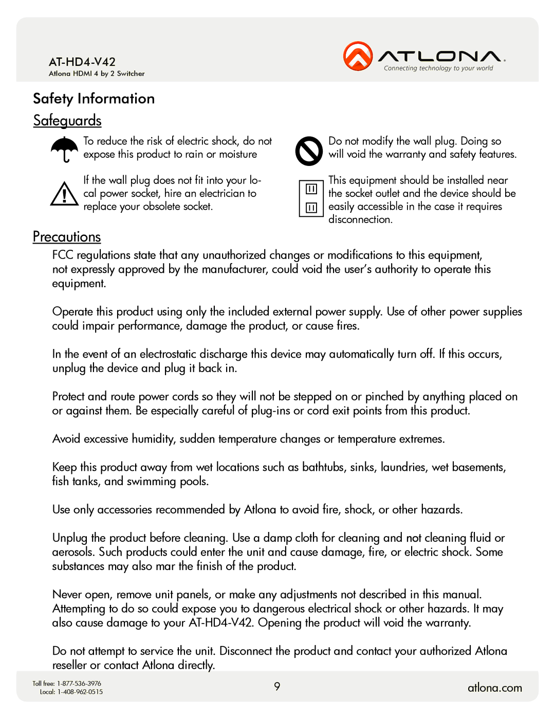 Atlona AT-HD4-V42 user manual Safety Information Safeguards, Precautions 