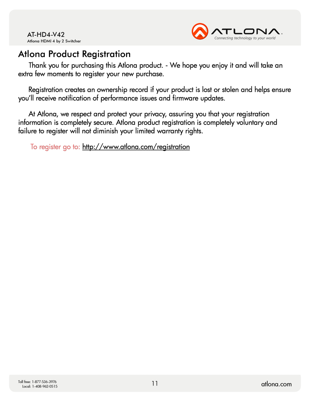 Atlona AT-HD4-V42 user manual Atlona Product Registration 
