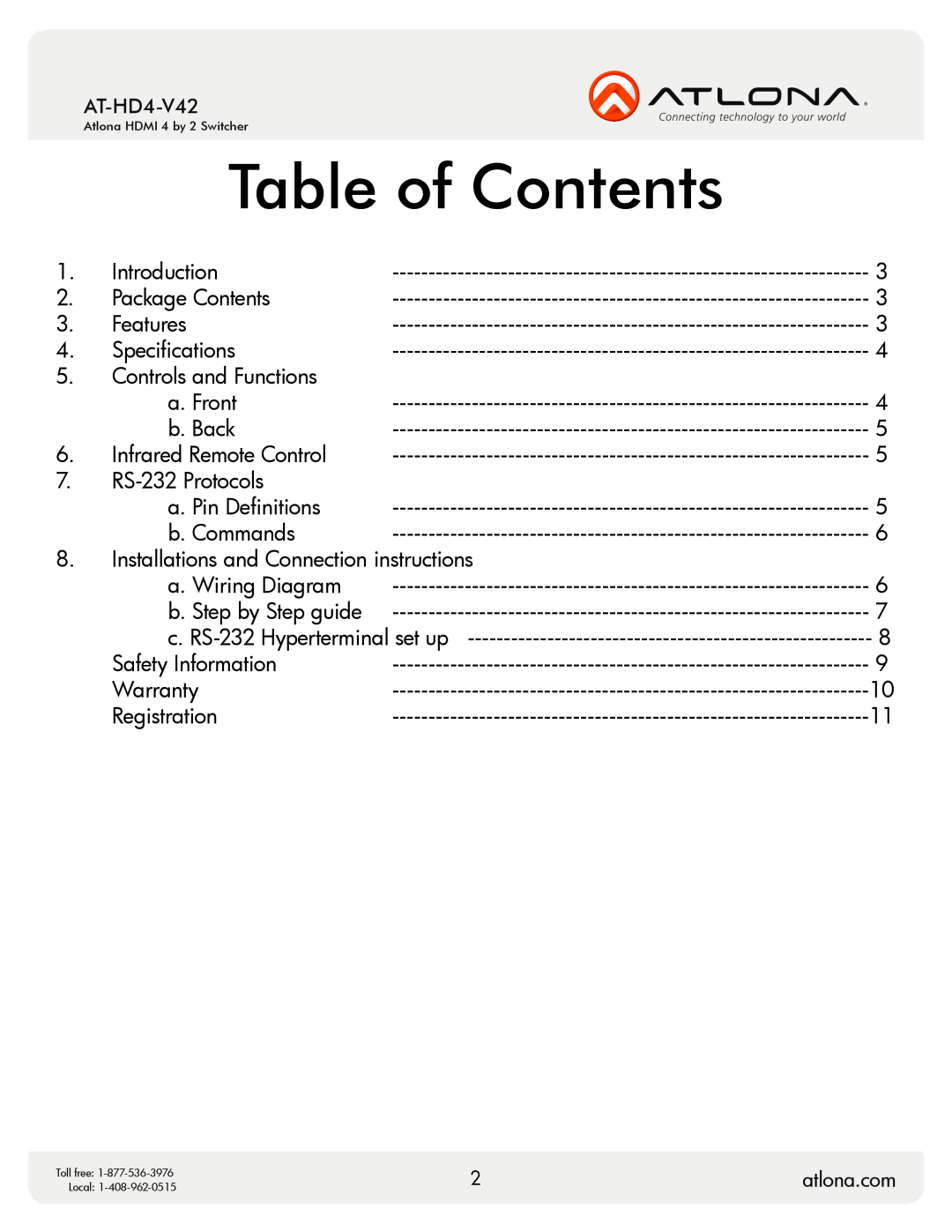 Atlona AT-HD4-V42 user manual Table of Contents 