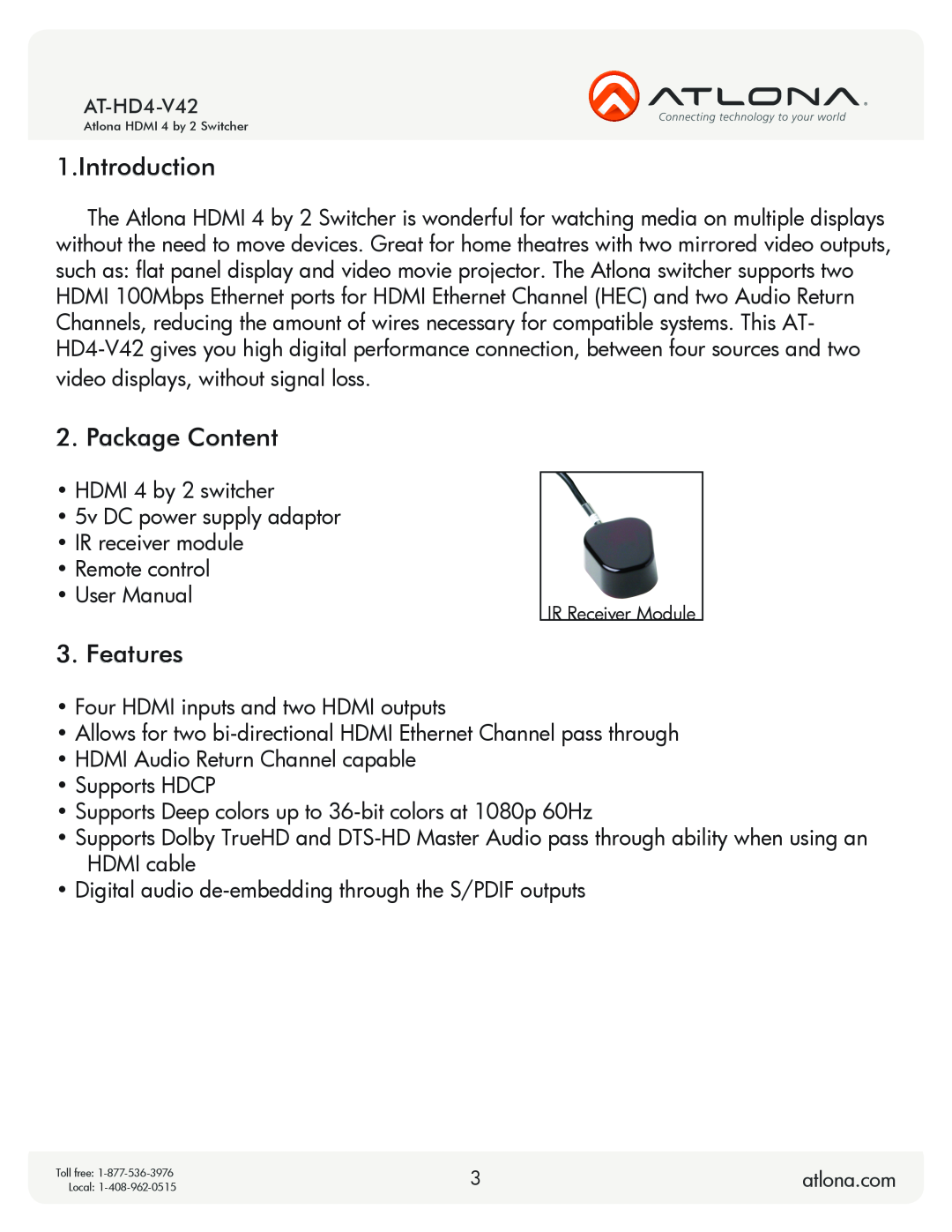 Atlona AT-HD4-V42 user manual Introduction, Package Content, Features 