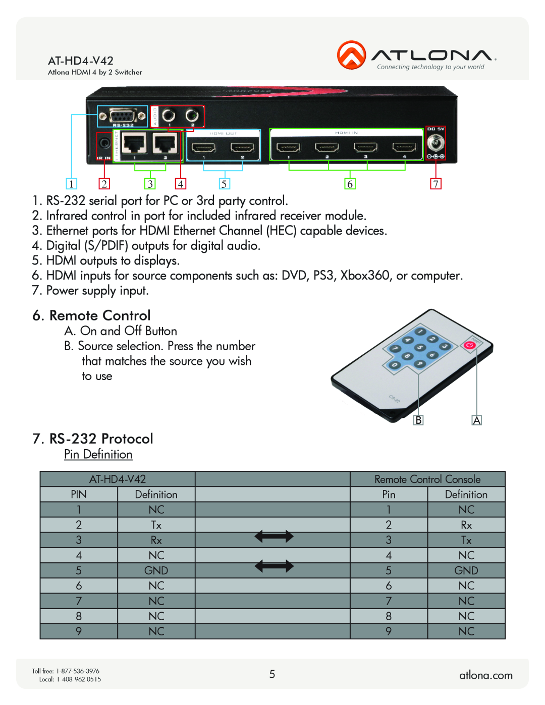 Atlona AT-HD4-V42 user manual Remote Control, RS-232 Protocol 