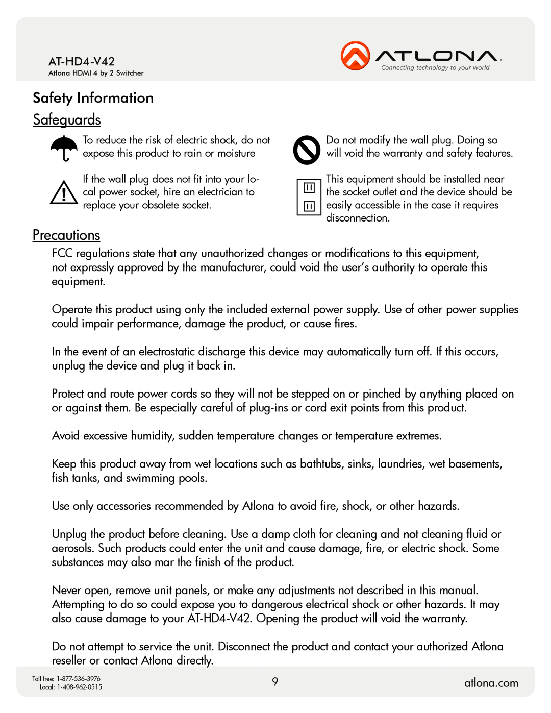 Atlona AT-HD4-V42 user manual Safety Information Safeguards, Precautions, atlona.com 