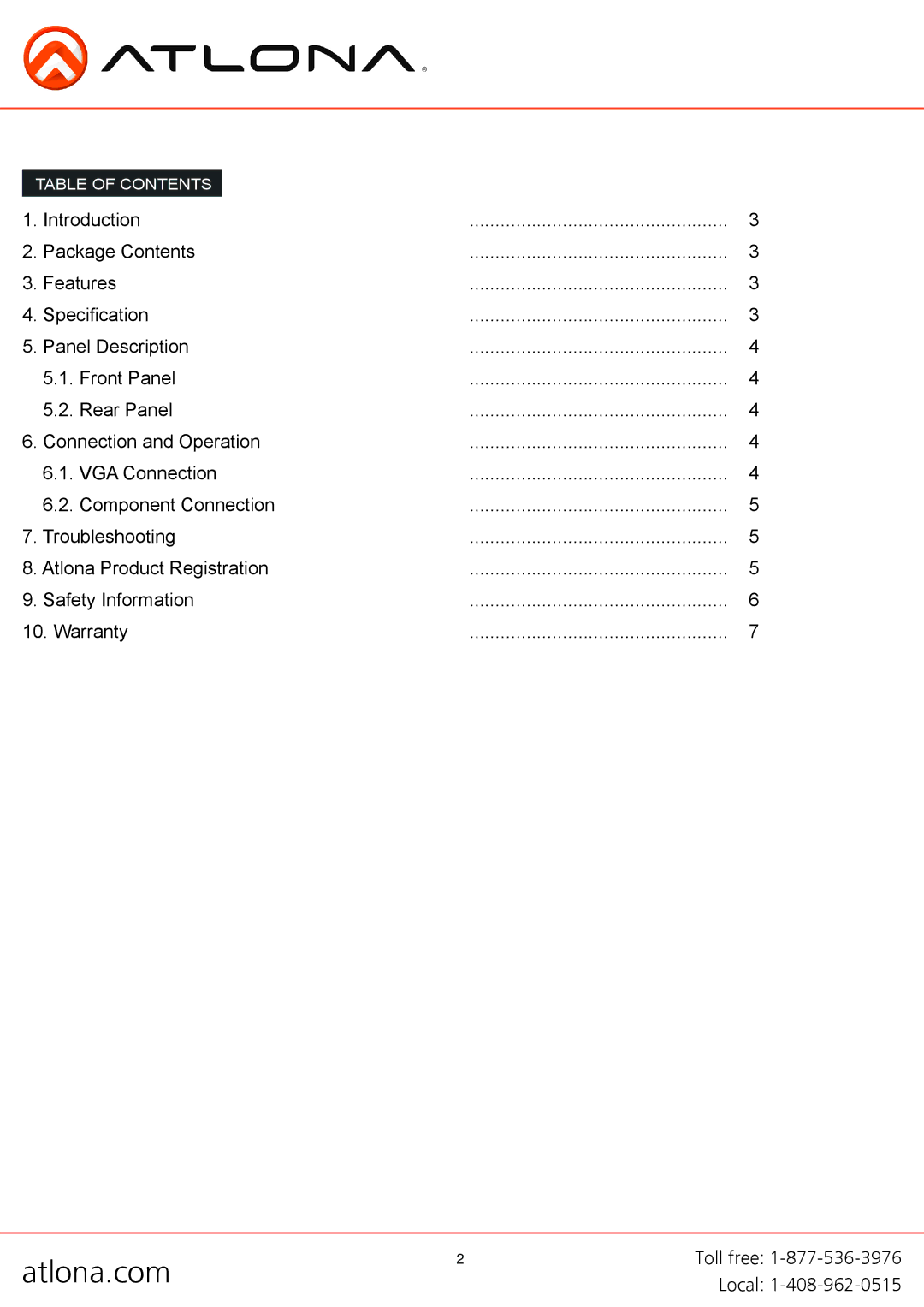 Atlona AT-HD420 user manual Table of Contents 