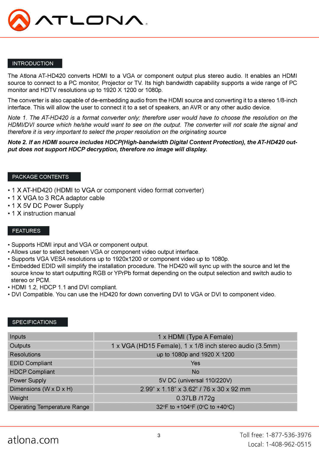 Atlona AT-HD420 user manual Hdmi Type a Female 