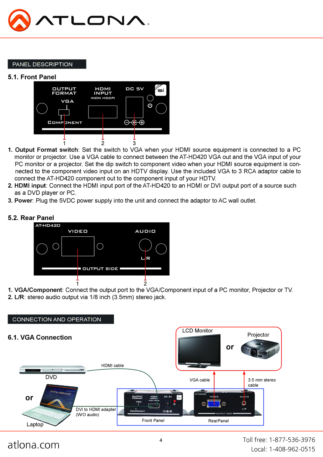 Atlona AT-HD420 user manual Front Panel, Rear Panel, VGA Connection 