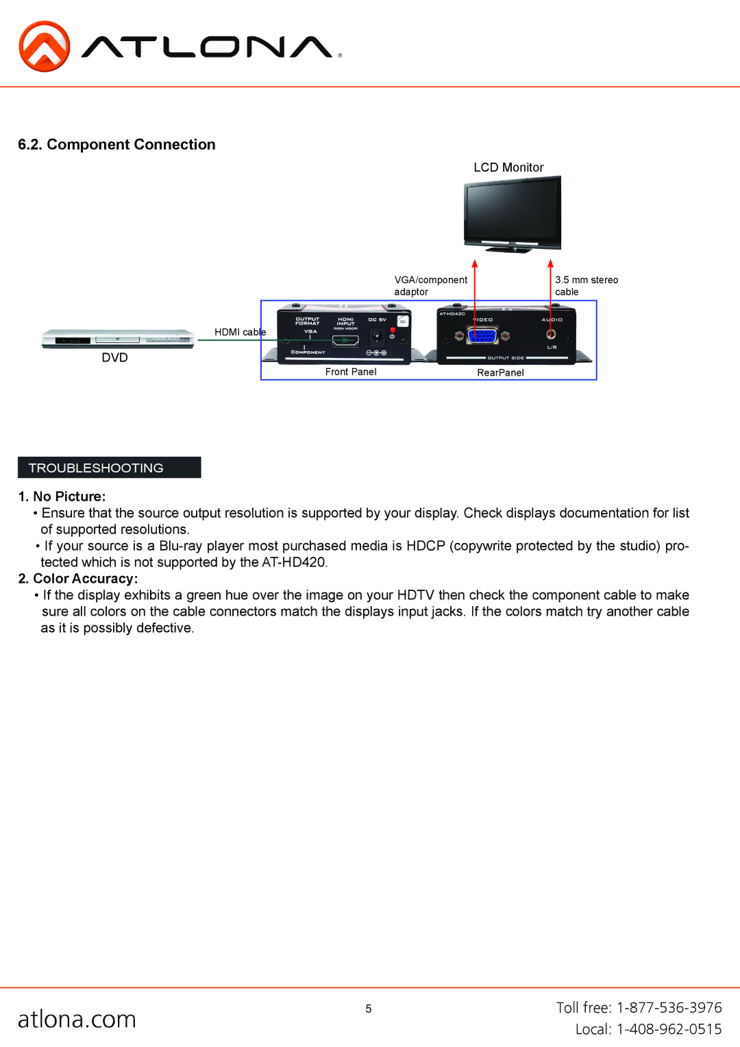 Atlona AT-HD420 user manual Component Connection, No Picture 