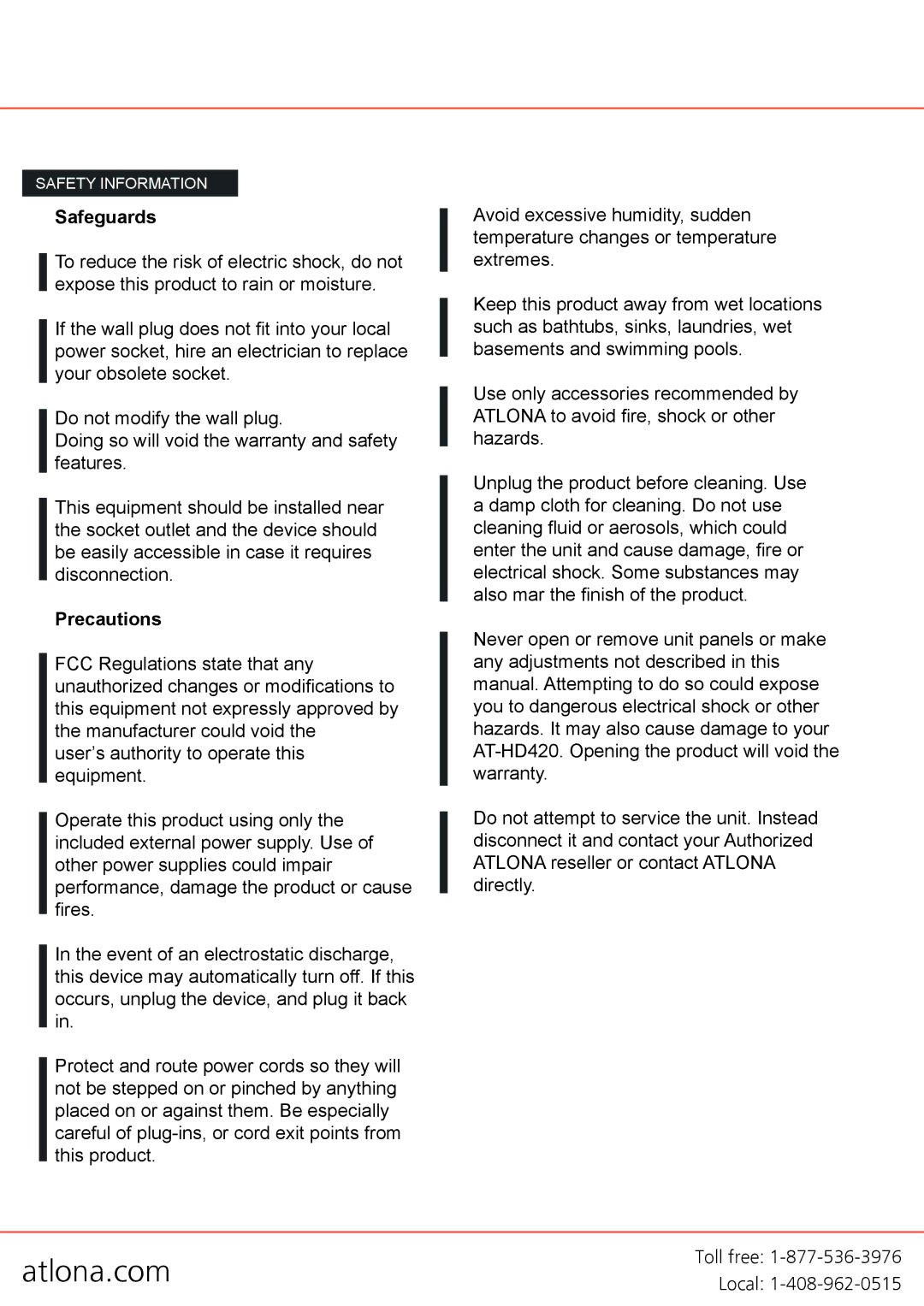 Atlona AT-HD420 user manual Safeguards, Precautions 