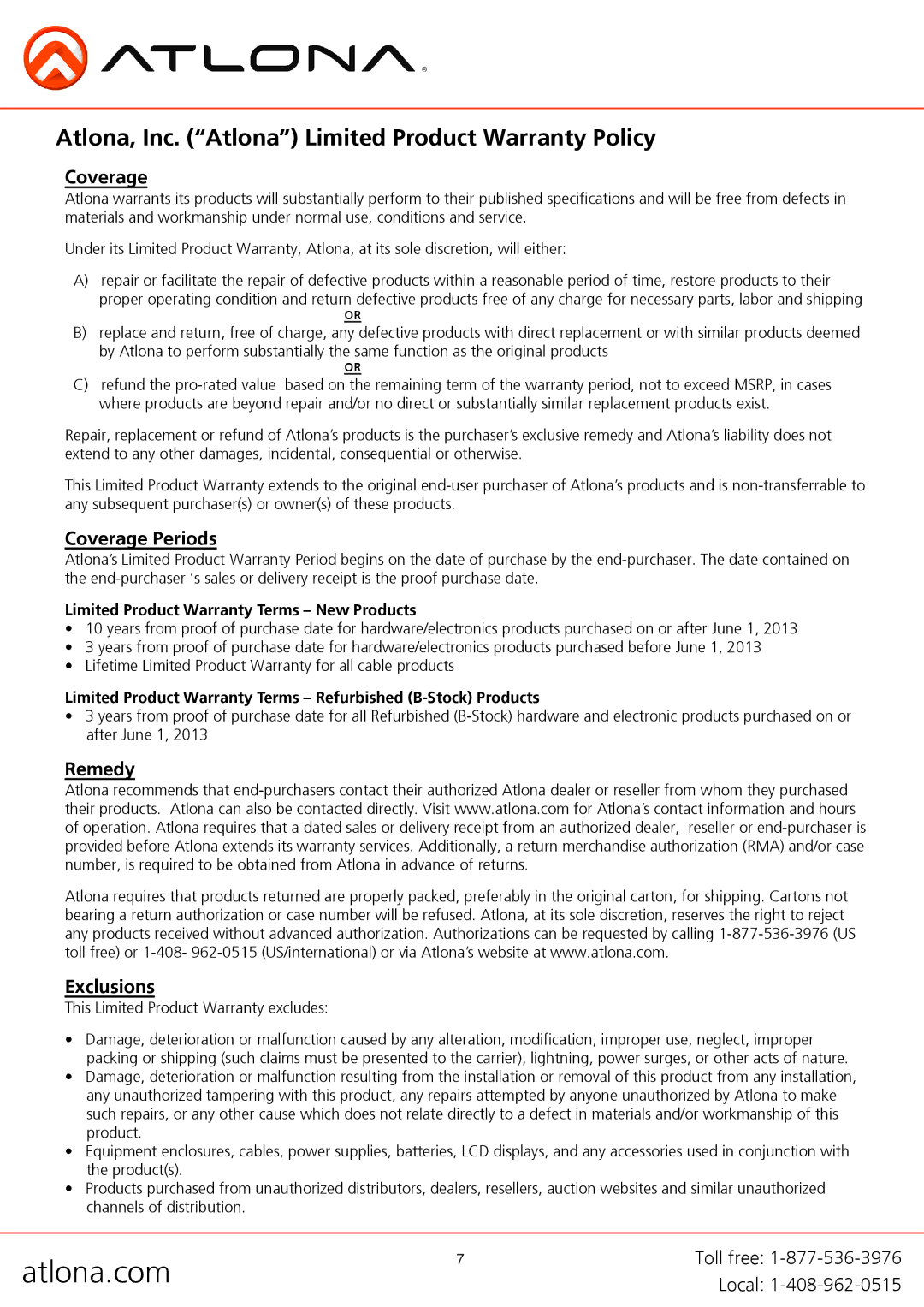 Atlona AT-HD420 user manual Atlona, Inc. Atlona Limited Product Warranty Policy, Coverage Periods, Remedy Exclusions 