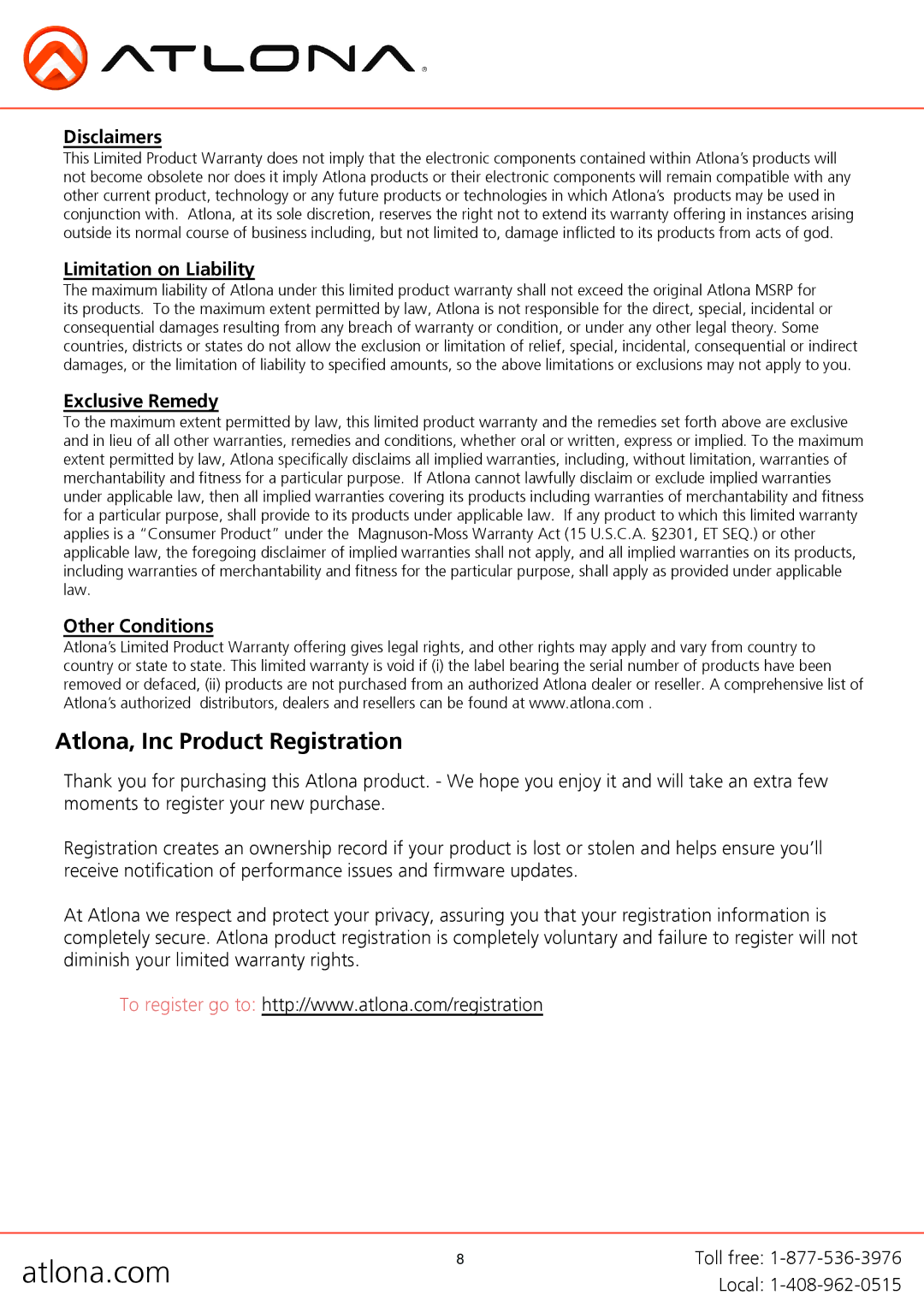 Atlona AT-HD420 Atlona, Inc Product Registration, Disclaimers, Limitation on Liability, Exclusive Remedy, Other Conditions 