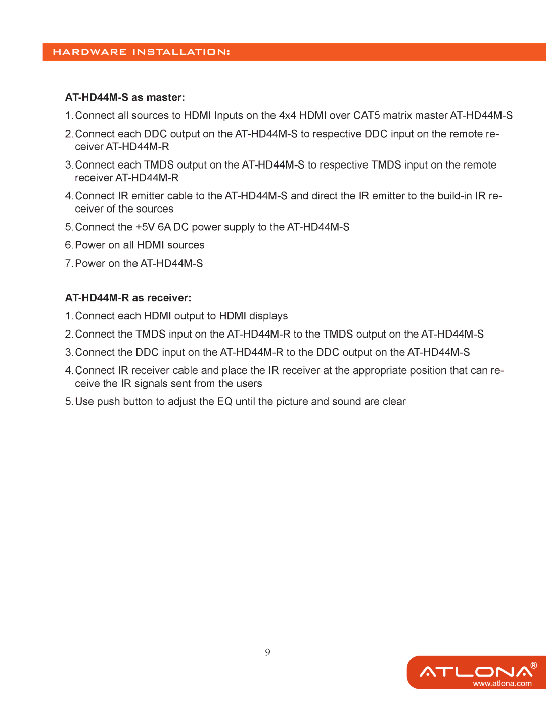 Atlona AT-HD44M-SR manual Hardware Installation, AT-HD44M-S as master, AT-HD44M-R as receiver 