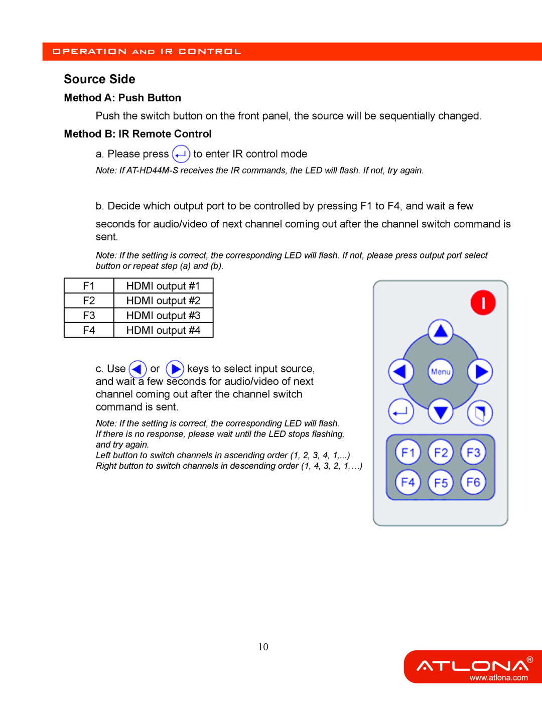 Atlona AT-HD44M-SR manual Operation and IR Control, Method a Push Button, Method B IR Remote Control 