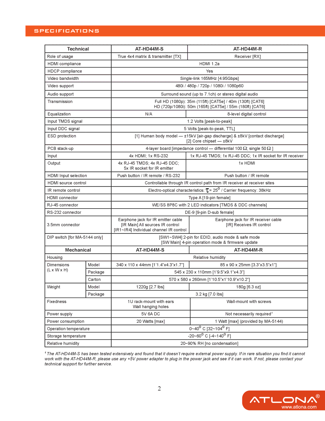 Atlona AT-HD44M-SR manual Specifications, AT-HD44M-S AT-HD44M-R 