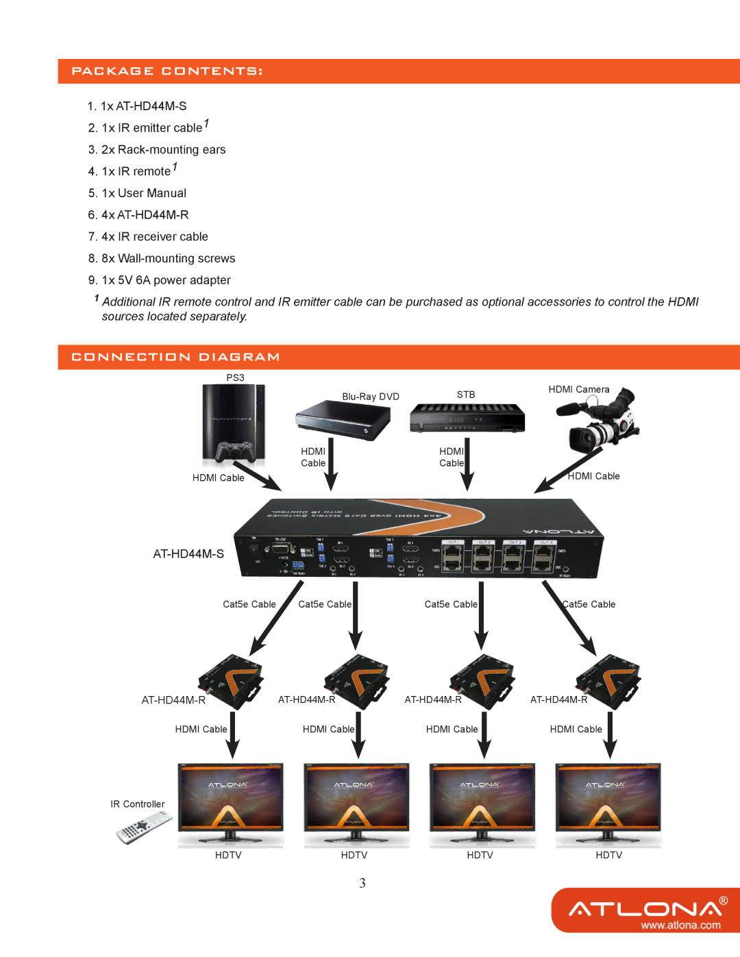 Atlona AT-HD44M-SR manual Package Contents, Connection Diagram 