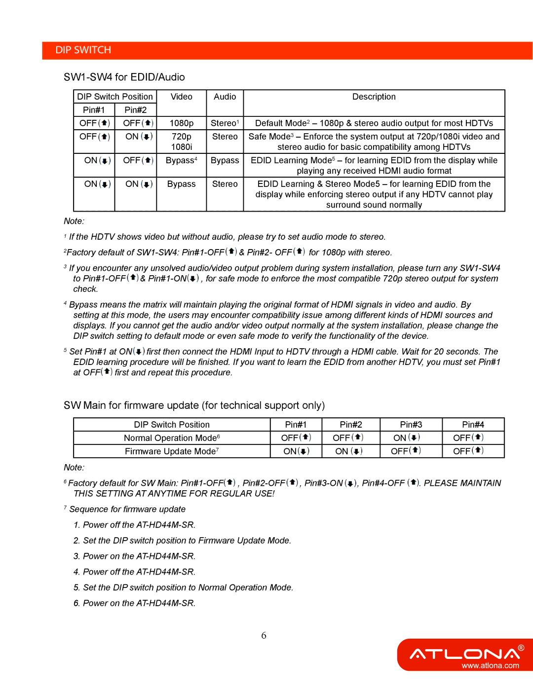 Atlona AT-HD44M-SR manual DIP Switch, SW1-SW4 for EDID/Audio 