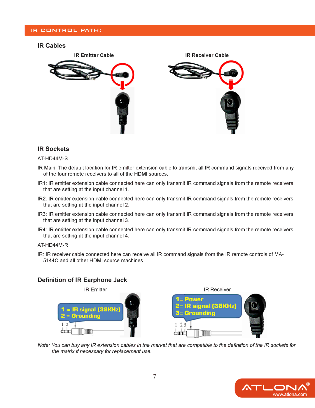 Atlona AT-HD44M-SR manual IR Control Path, IR Cables, IR Sockets, Definition of IR Earphone Jack 