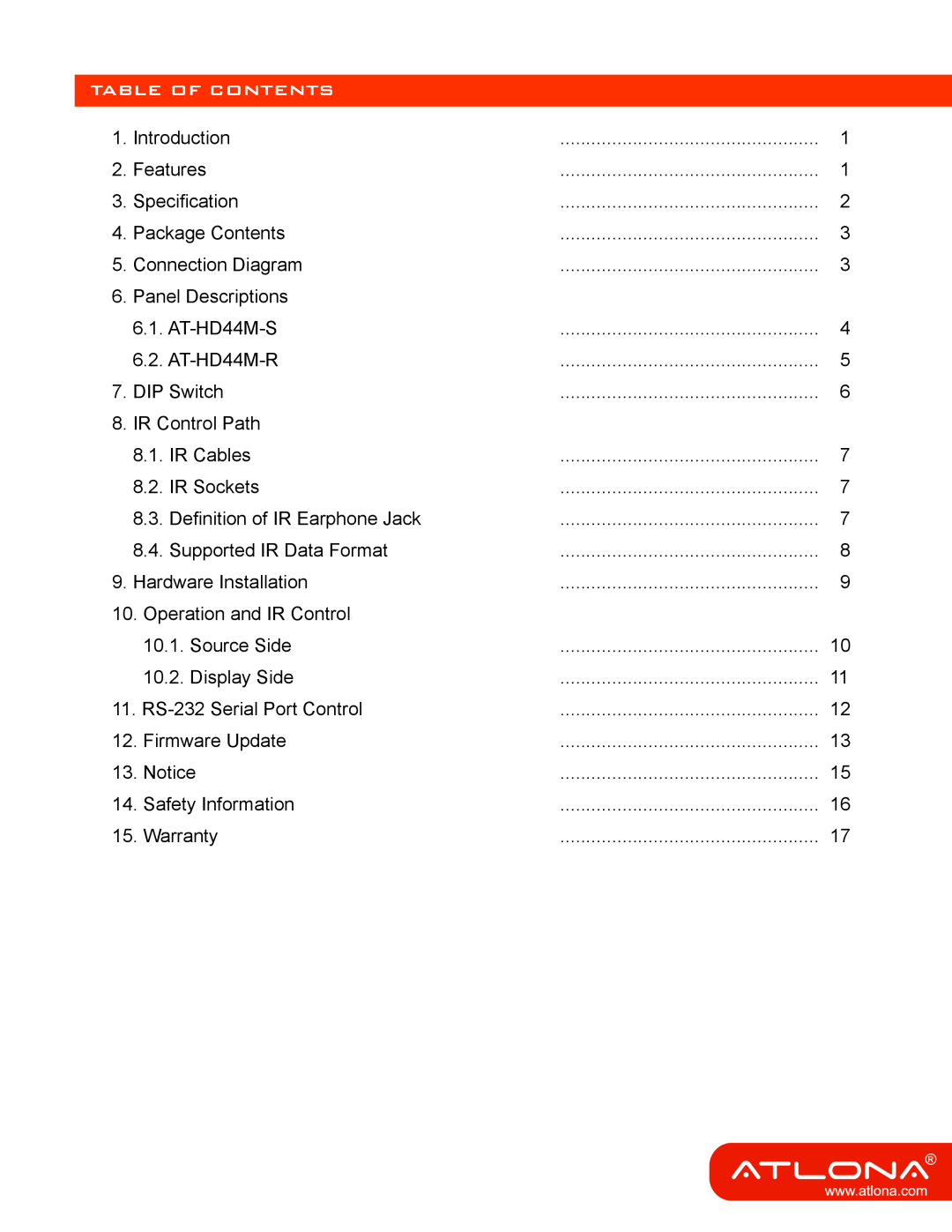 Atlona AT-HD44M-SR manual Table Of Contents 