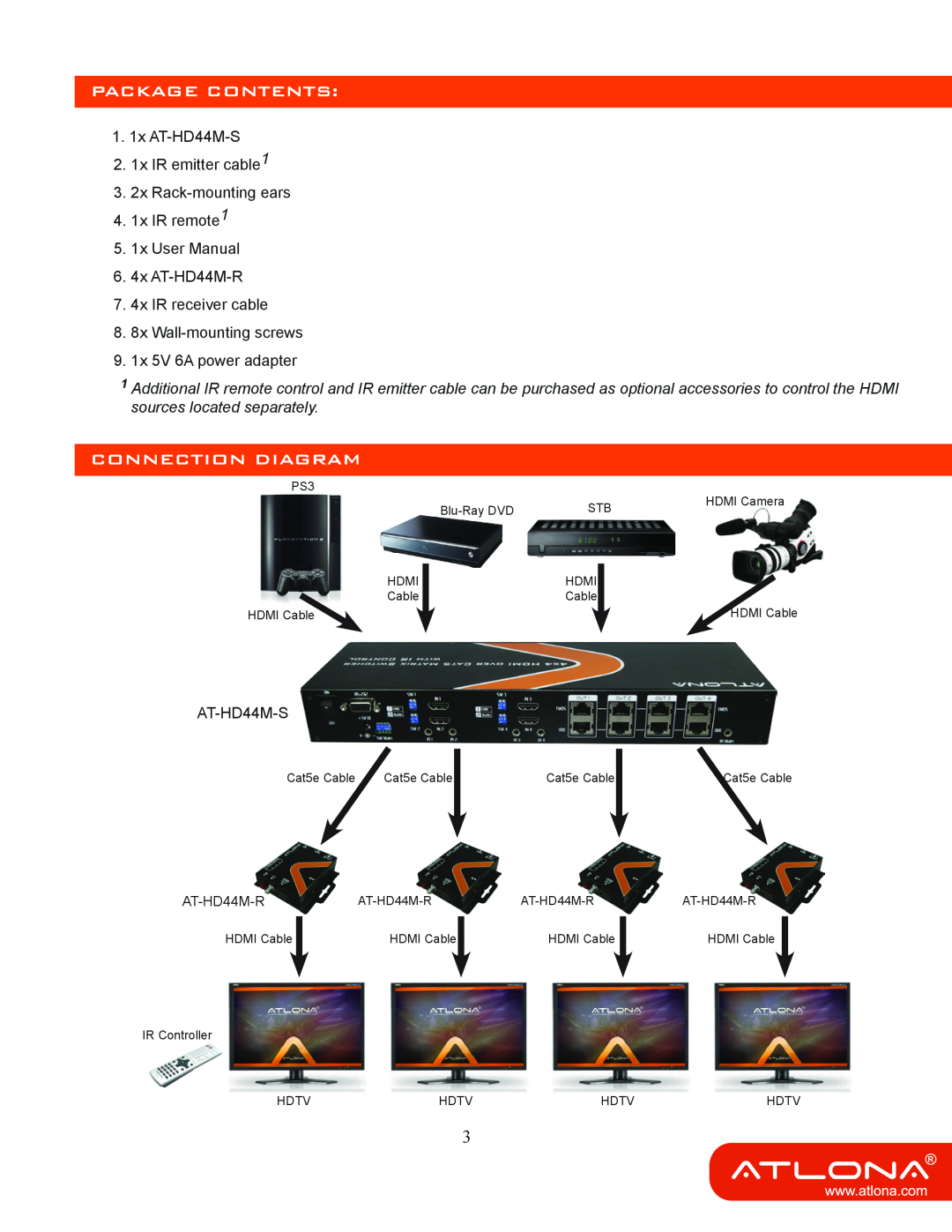 Atlona AT-HD44M-SR manual Package Contents, Connection Diagram 