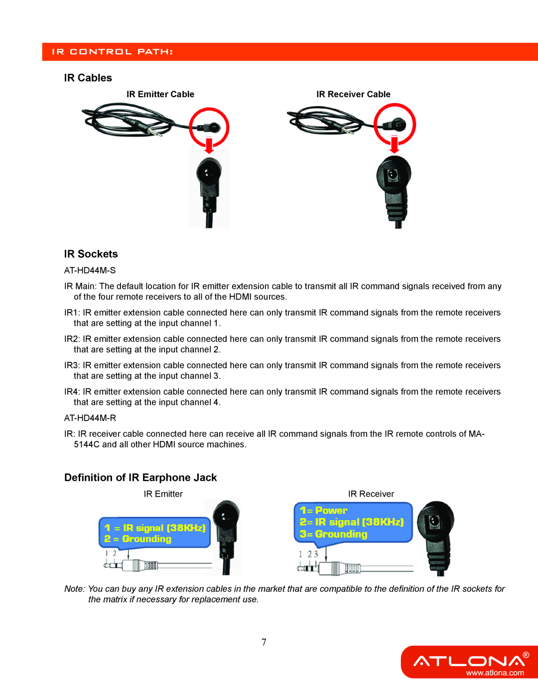 Atlona AT-HD44M-SR manual Ir Control Path, IR Cables, IR Sockets, Definition of IR Earphone Jack, IR Emitter Cable 
