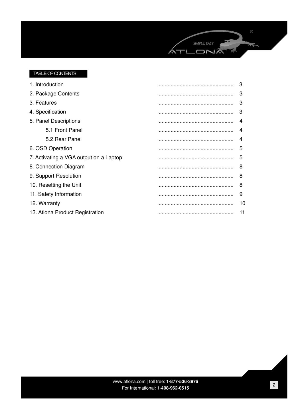 Atlona AT-HD500 user manual Table of Contents 