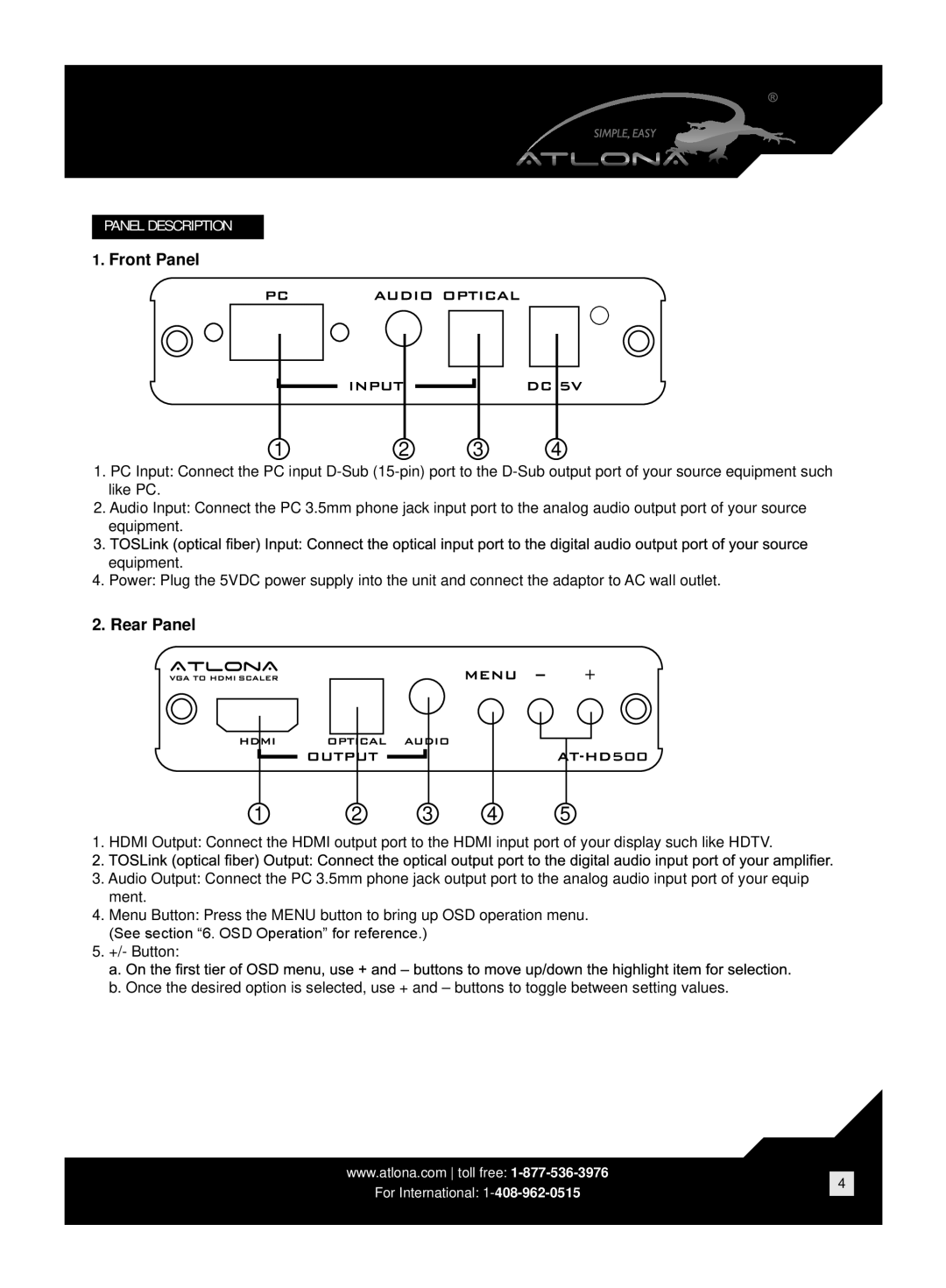 Atlona AT-HD500 user manual Front Panel, Rear Panel 