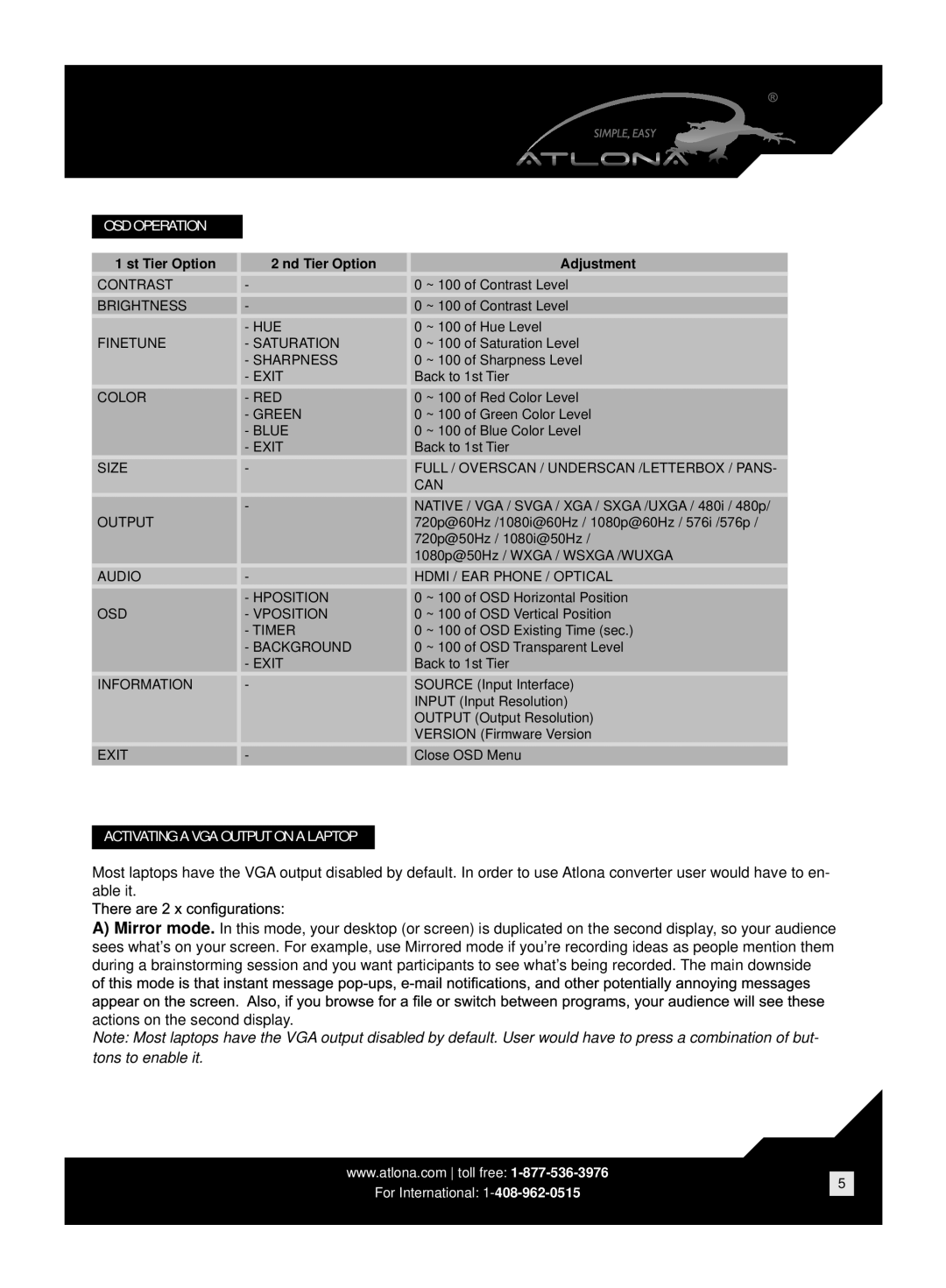 Atlona AT-HD500 user manual Actions on the second display 