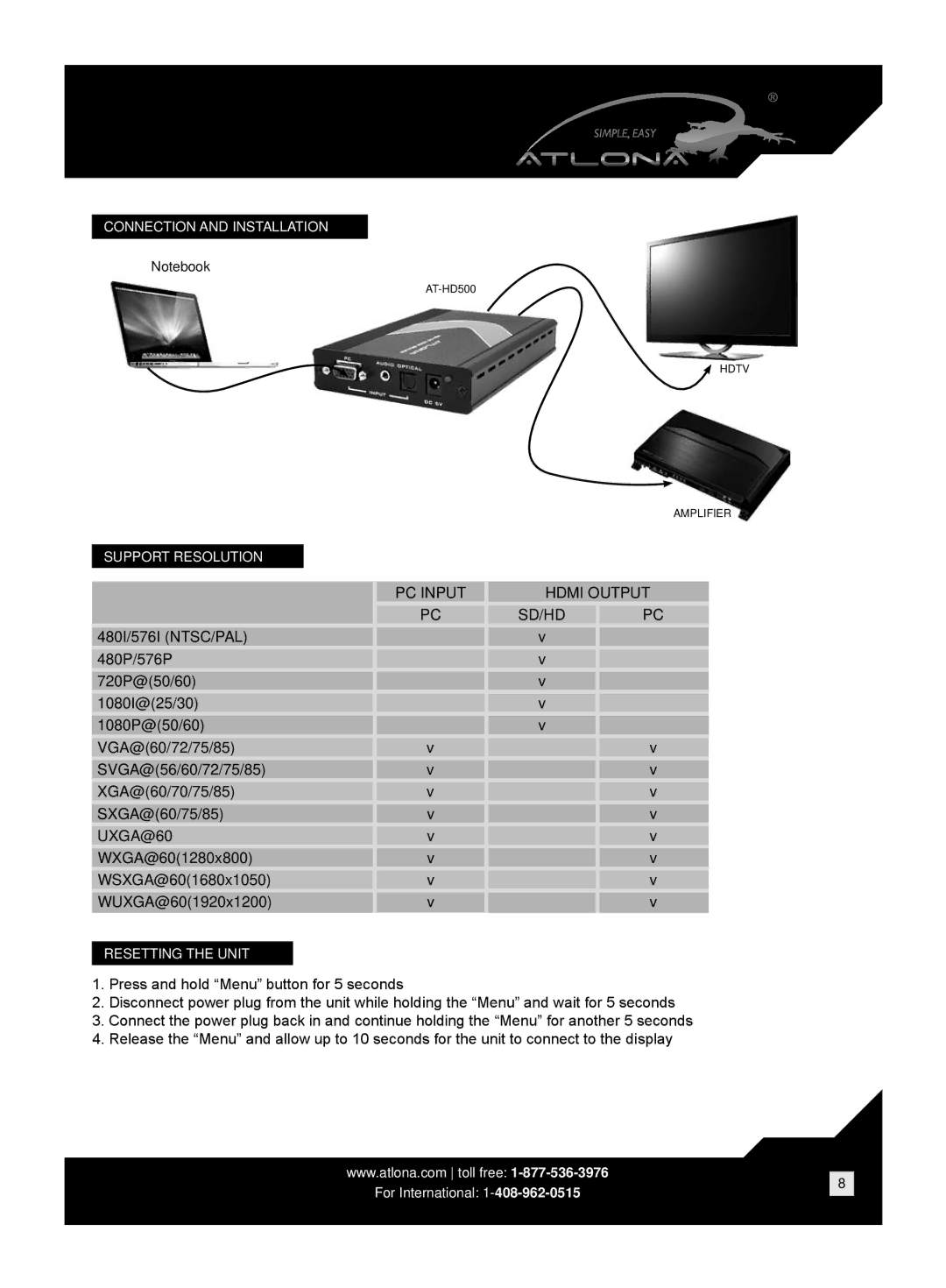 Atlona AT-HD500 user manual PC Input Hdmi Output SD/HD 