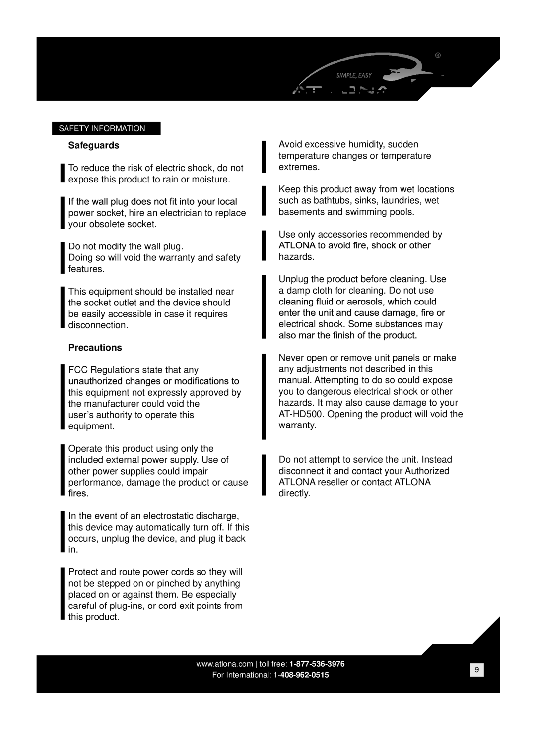 Atlona AT-HD500 user manual Safeguards, Precautions 