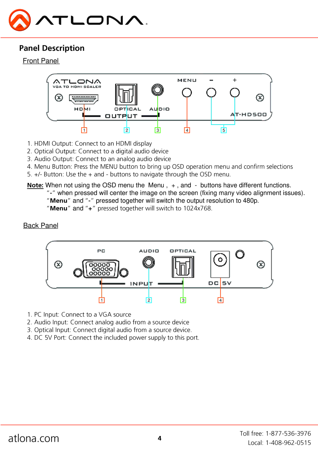 Atlona AT-HD500 user manual Panel Description, Front Panel 