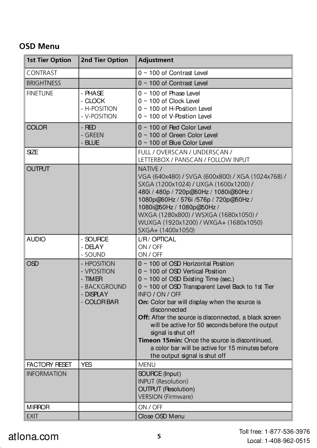 Atlona AT-HD500 user manual OSD Menu, 1st Tier Option 2nd Tier Option Adjustment 