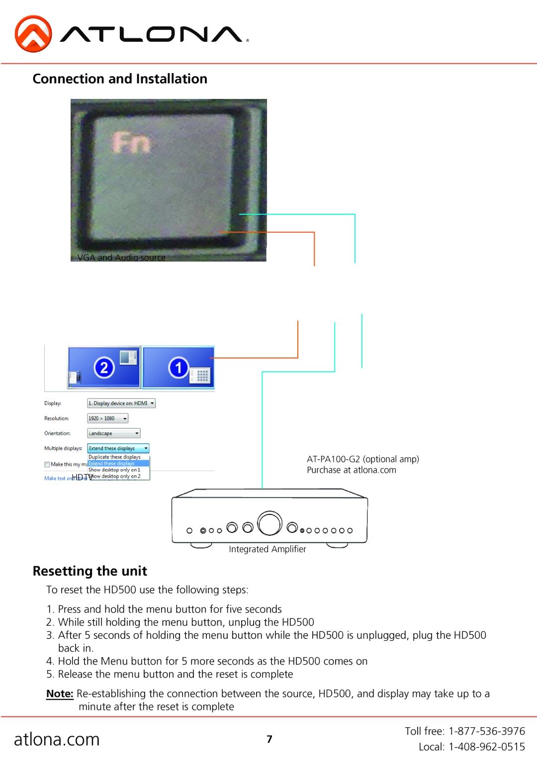 Atlona AT-HD500 user manual Connection and Installation, Resetting the unit 