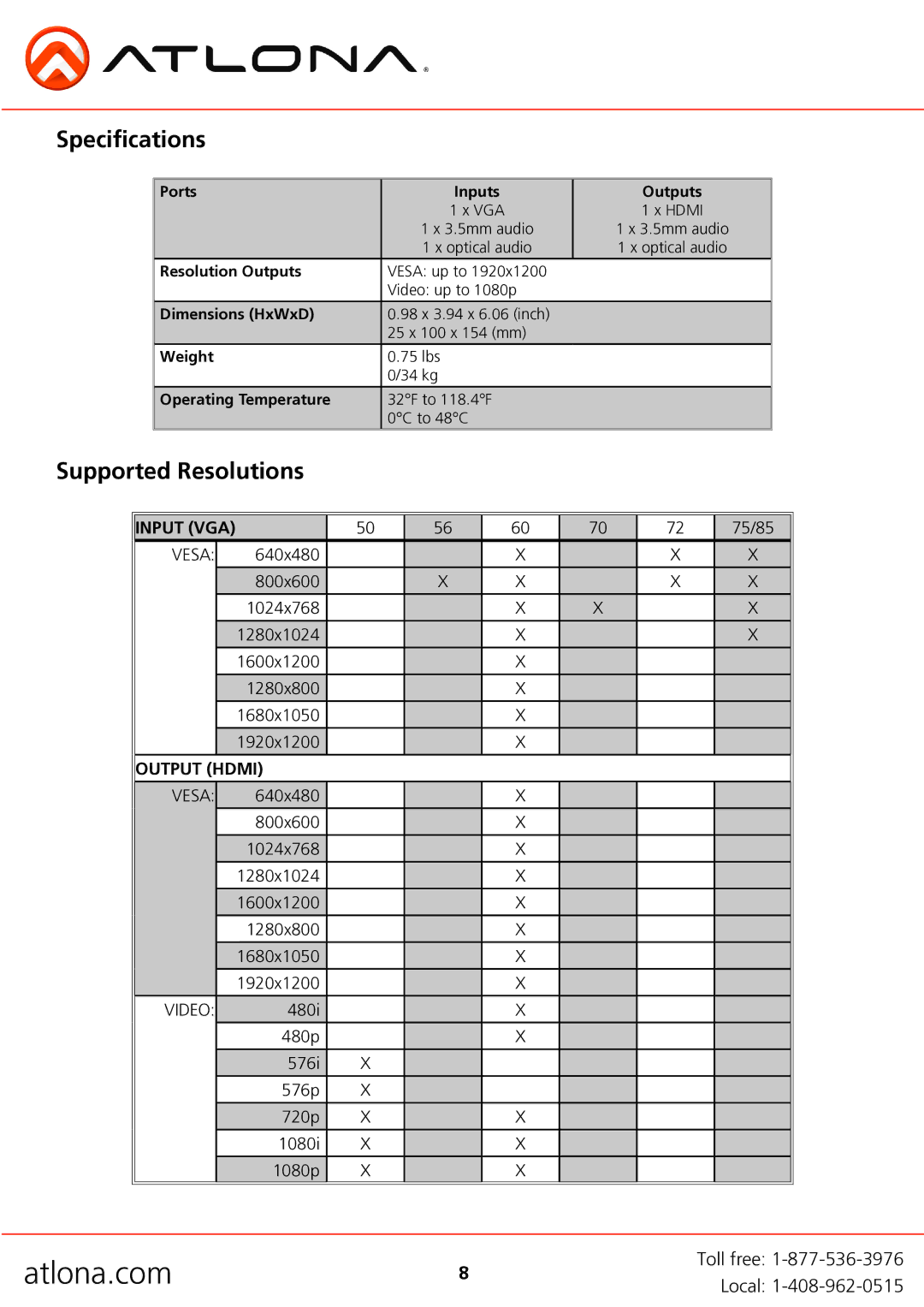 Atlona AT-HD500 user manual Specifications, Supported Resolutions 