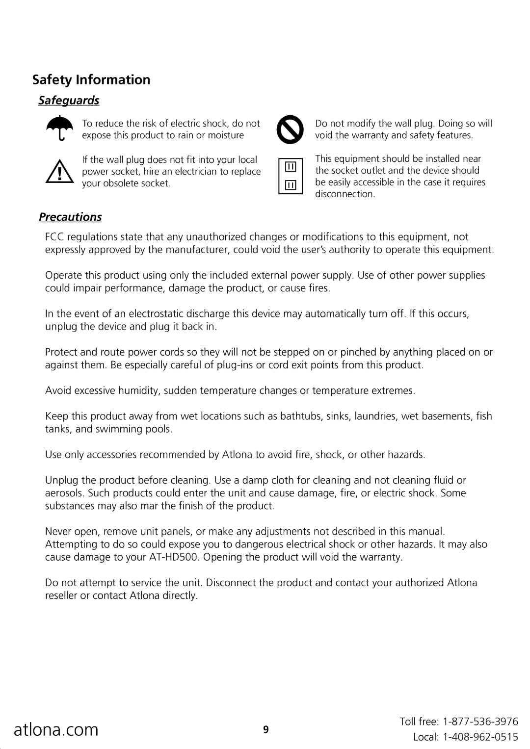 Atlona AT-HD500 user manual Safety Information, Safeguards 