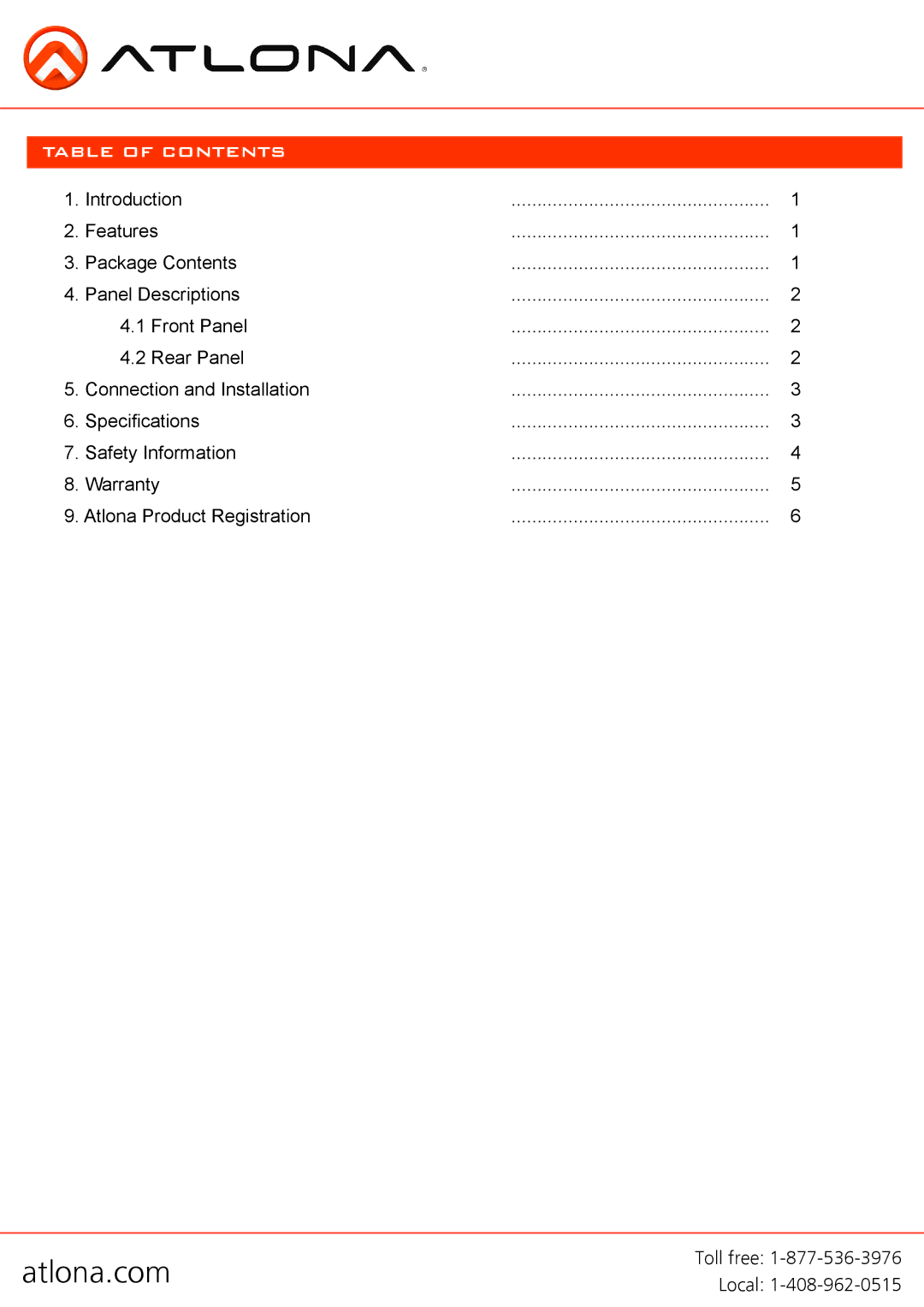 Atlona AT-HD530 user manual Table of Contents 