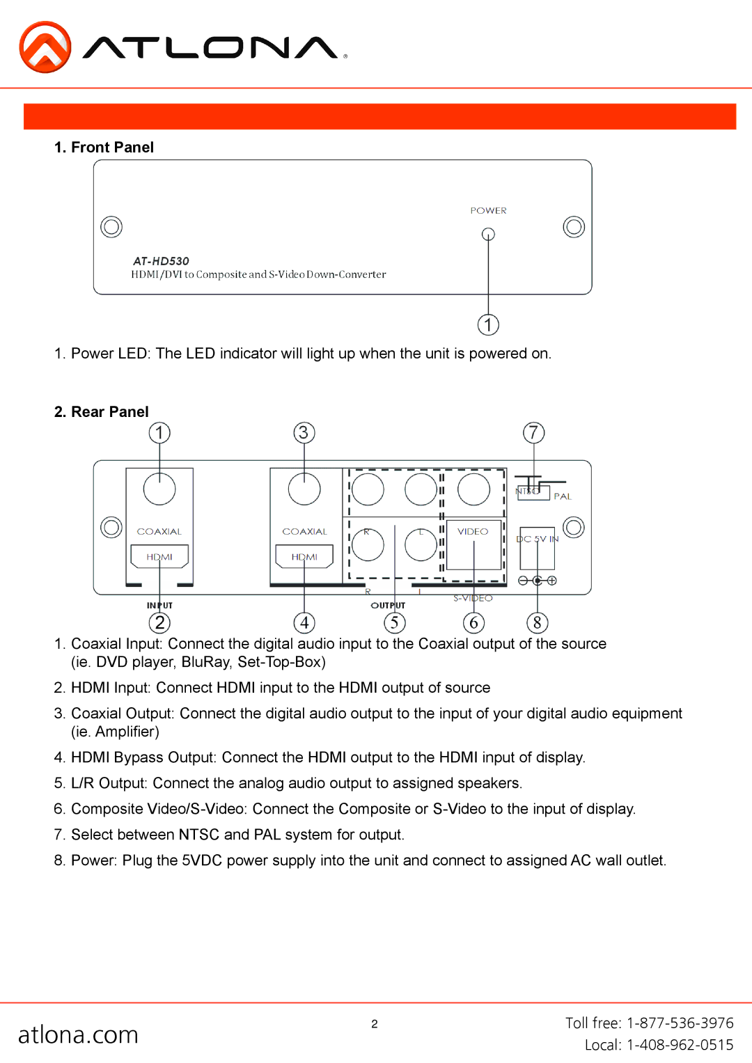 Atlona AT-HD530 user manual Panel Descriptions, Front Panel, Rear Panel 