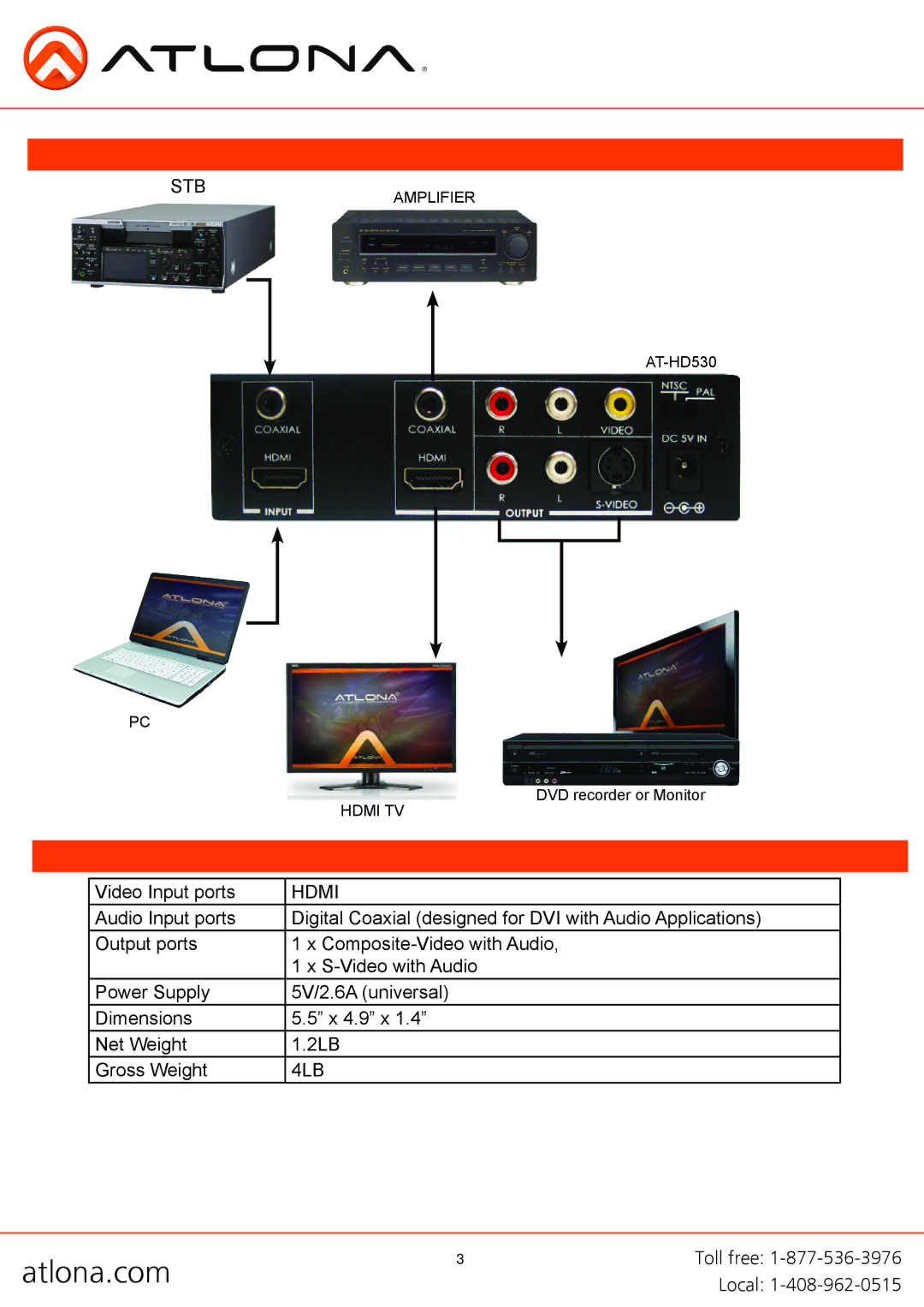 Atlona AT-HD530 user manual Connection and Installation, Specifications 