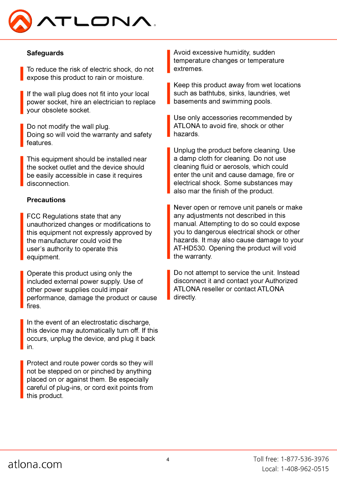 Atlona AT-HD530 user manual Safeguards, Precautions 