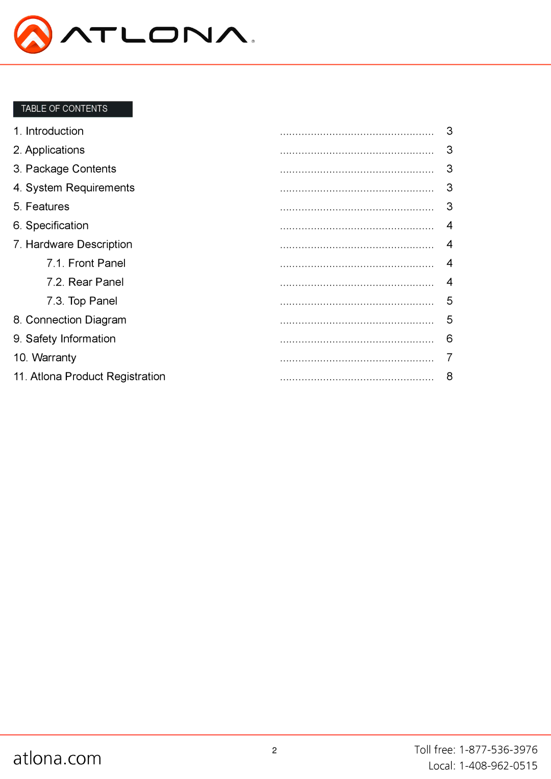 Atlona AT-HD550 user manual Table of Contents 